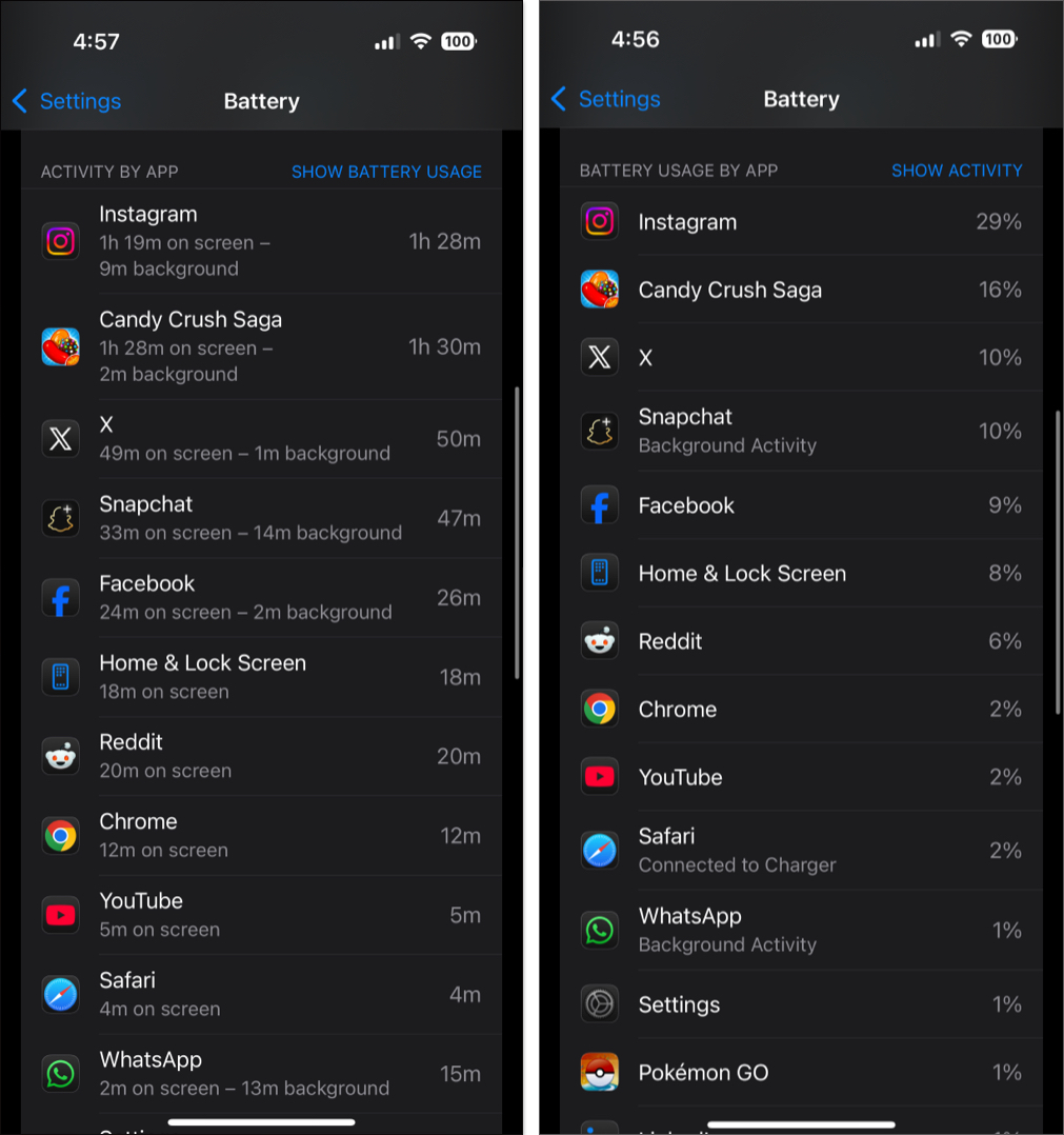 Check app activity and battery usage by apps on iphone