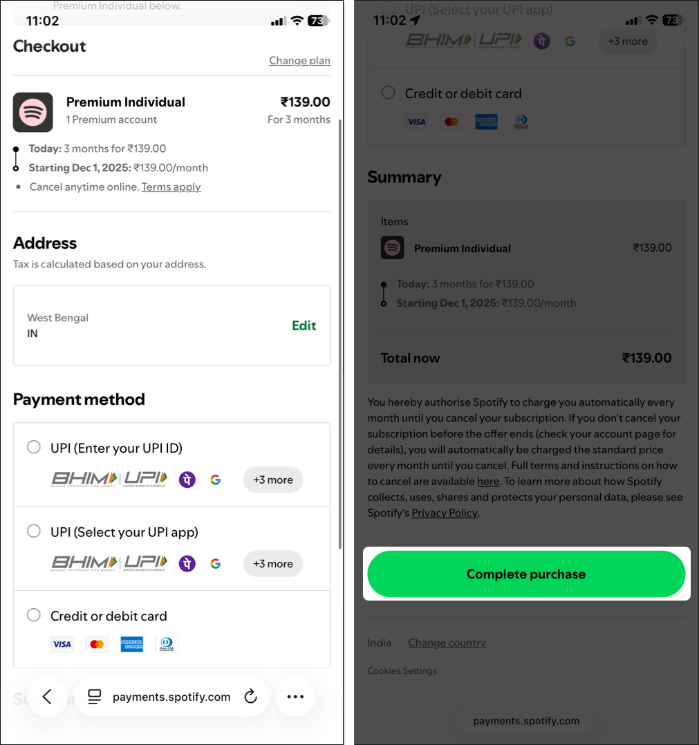 Choose plan and make payment