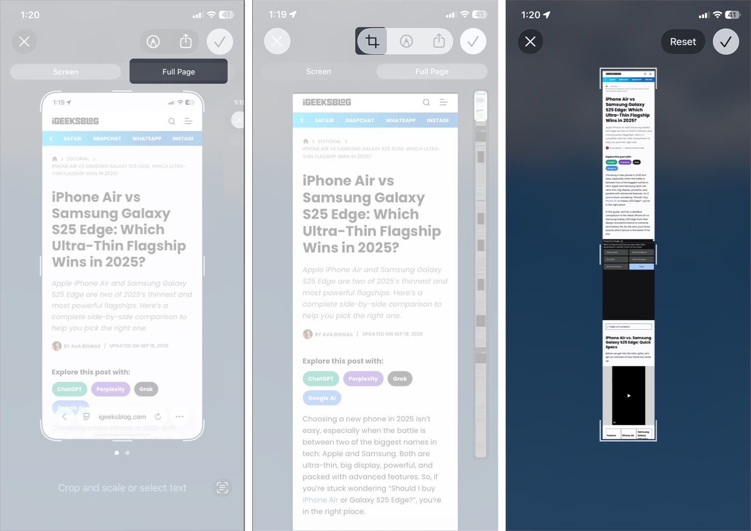 Crop screenshot and tap the checkmark to save