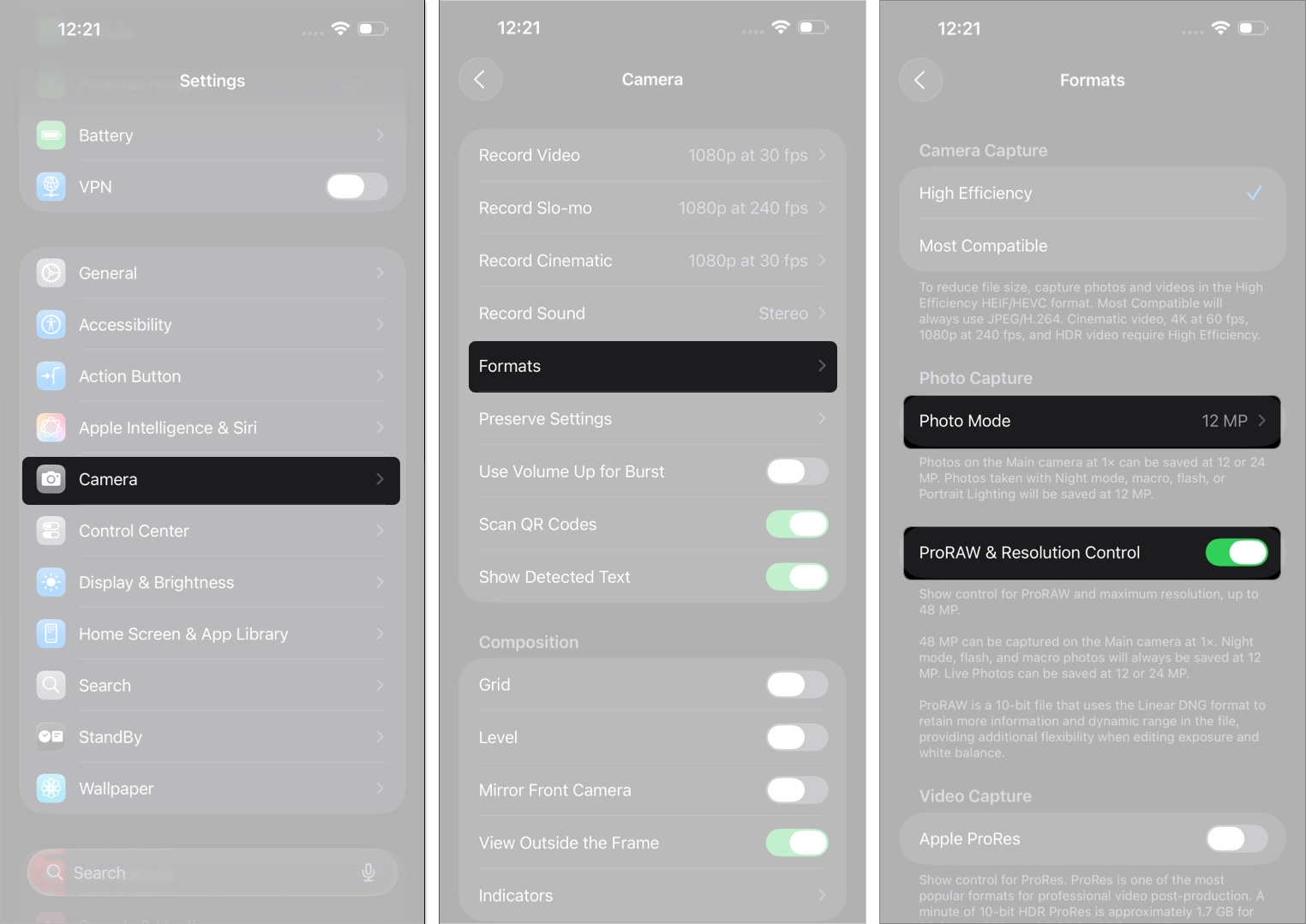 Customize resolution and format settings on iphone