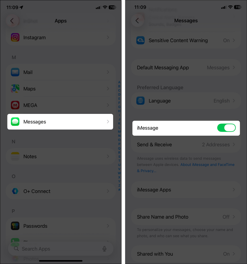 Enable imessages from iphone settings