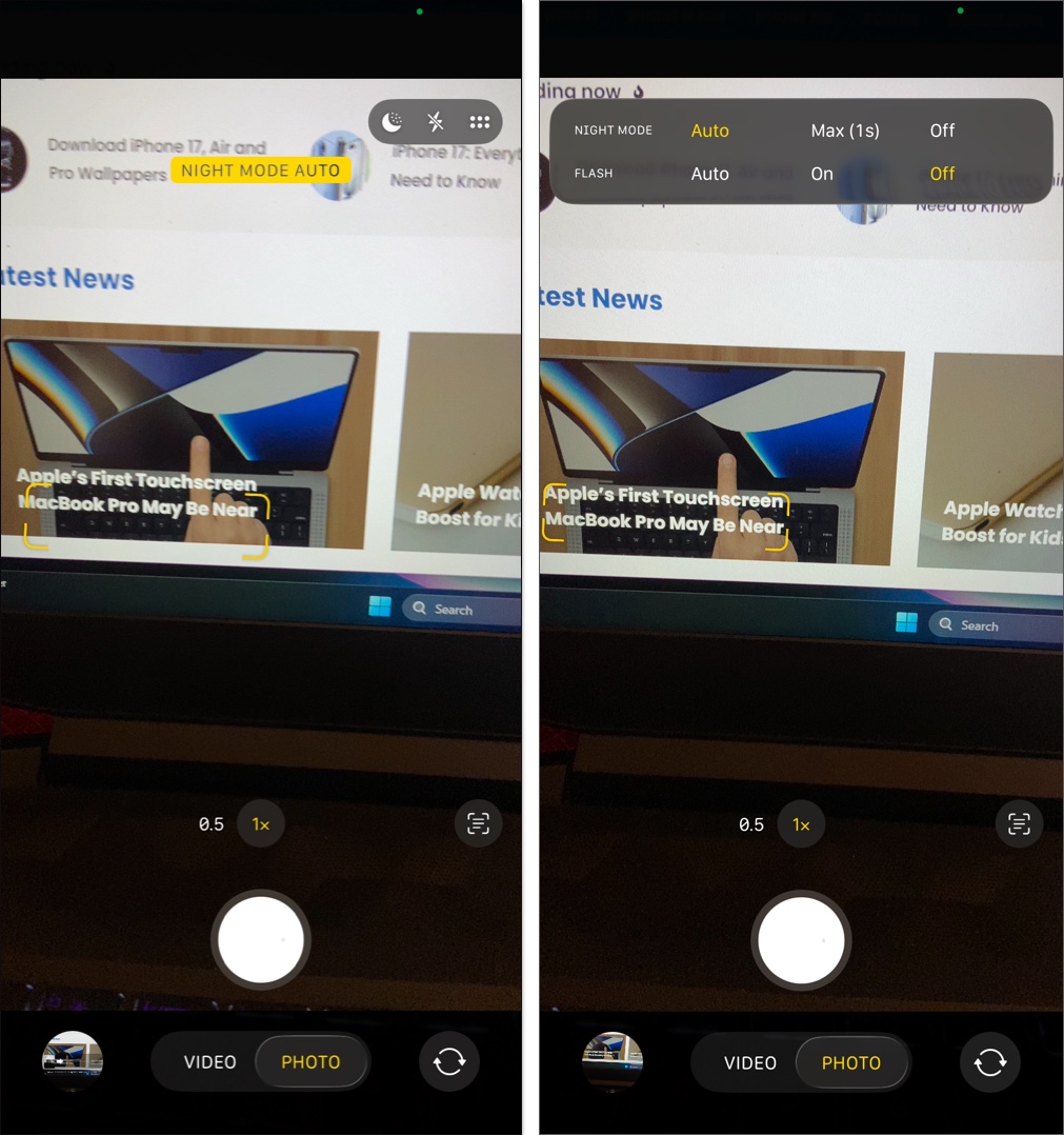 Enable night mode in camera app on iphone