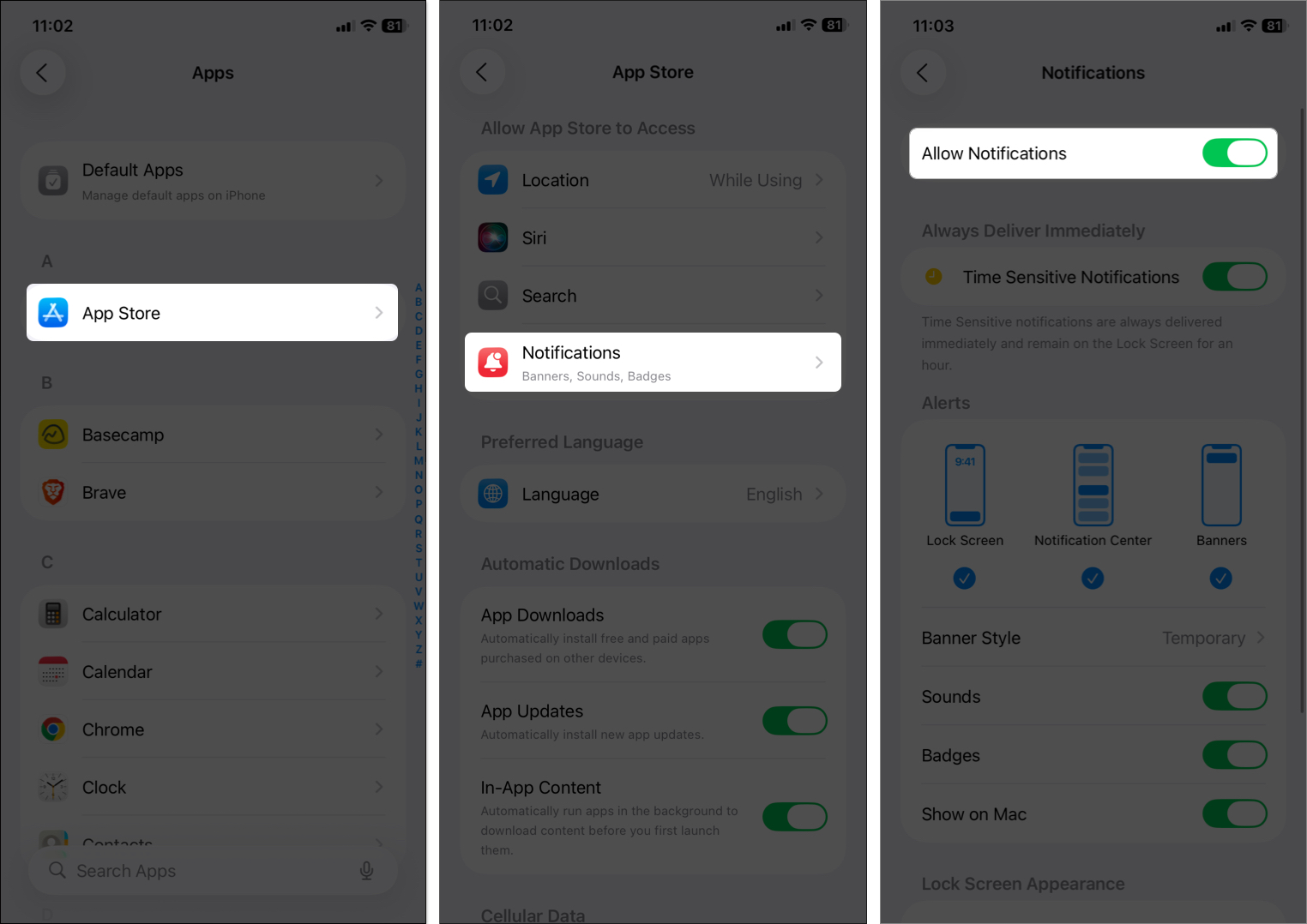 Enable notifications from settings on iphone