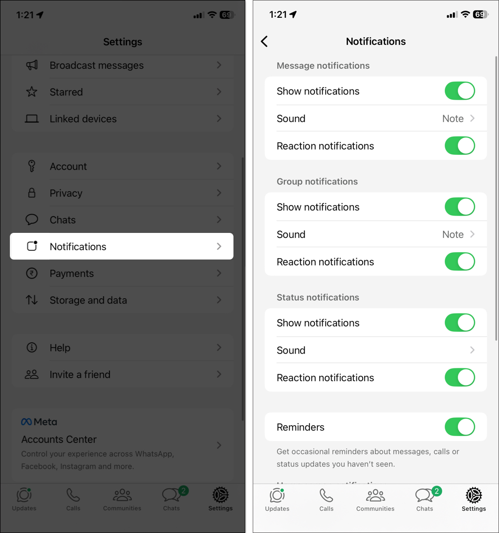 Enable notifications from whatsapp settings