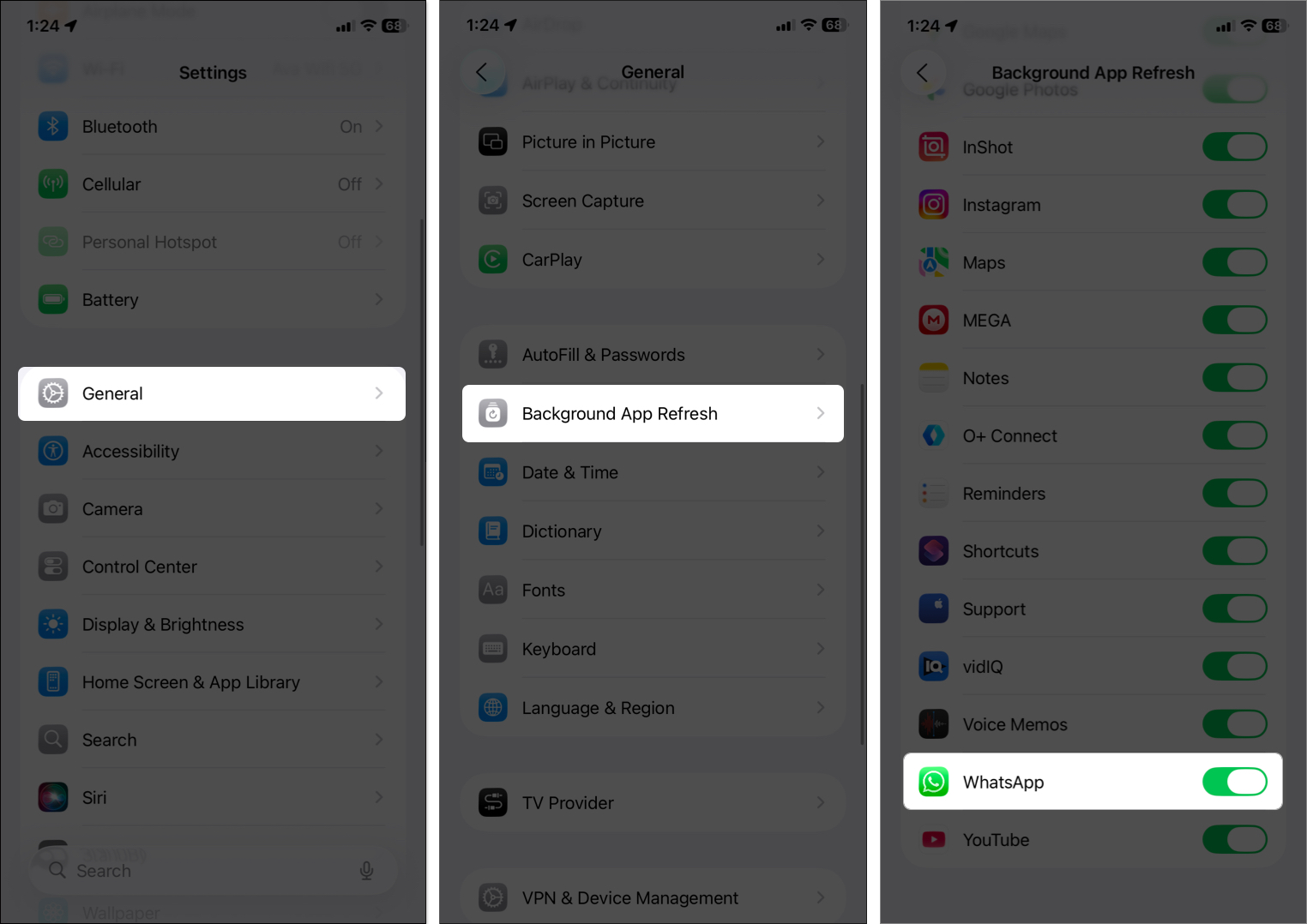Enable whats app from background app refresh on iphone