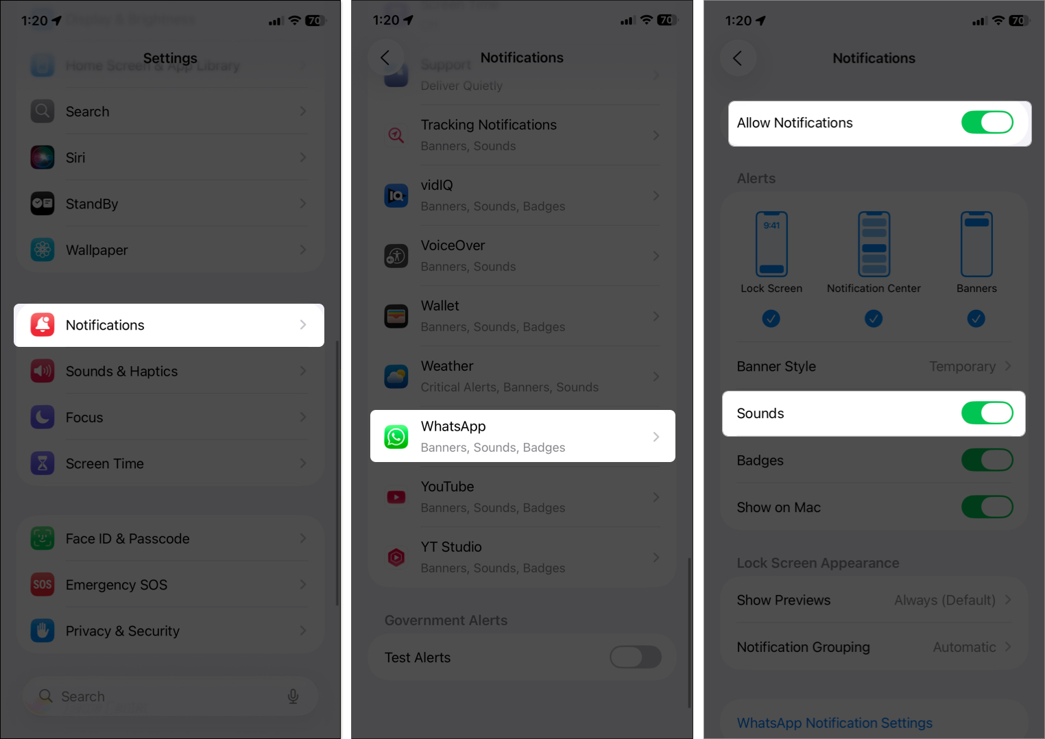 Enable whatsapp notifications from iphone settings