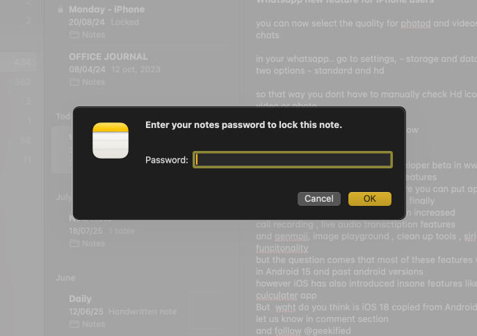 Enter password to lock notes