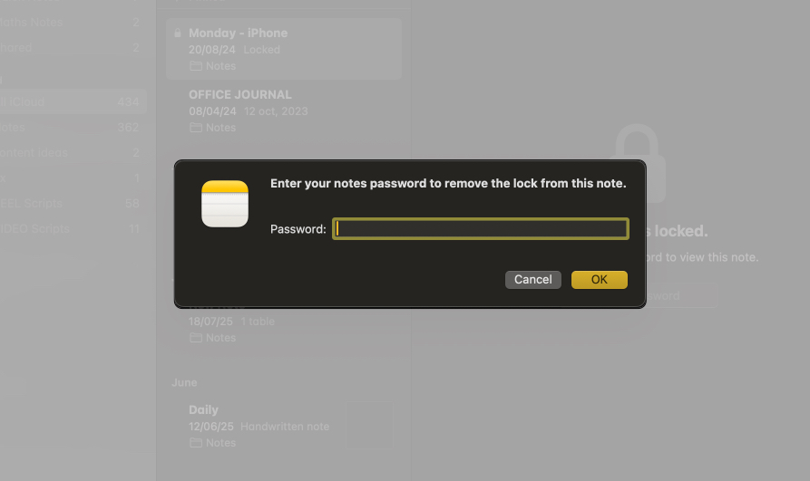 Enter password to remove lock