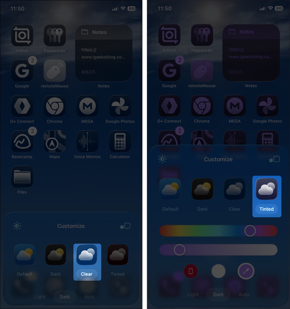 Home screen clear and tinted color