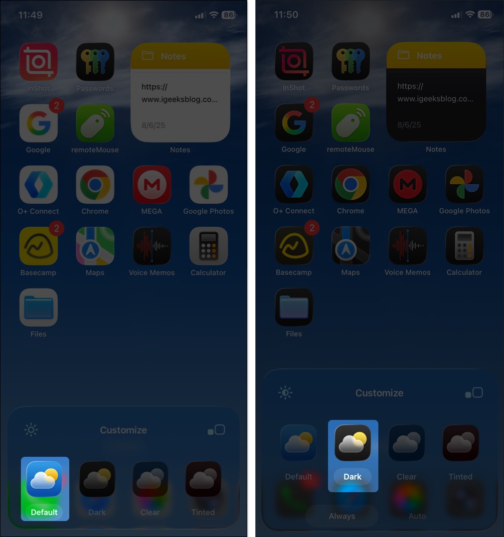 Home screen with default and dark theme