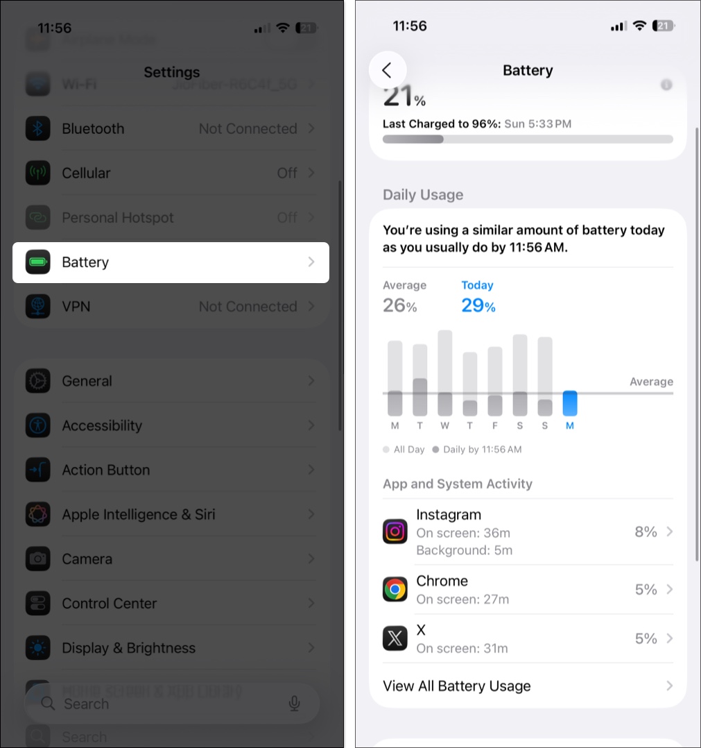 Open battery settings to check battery insights on iphone