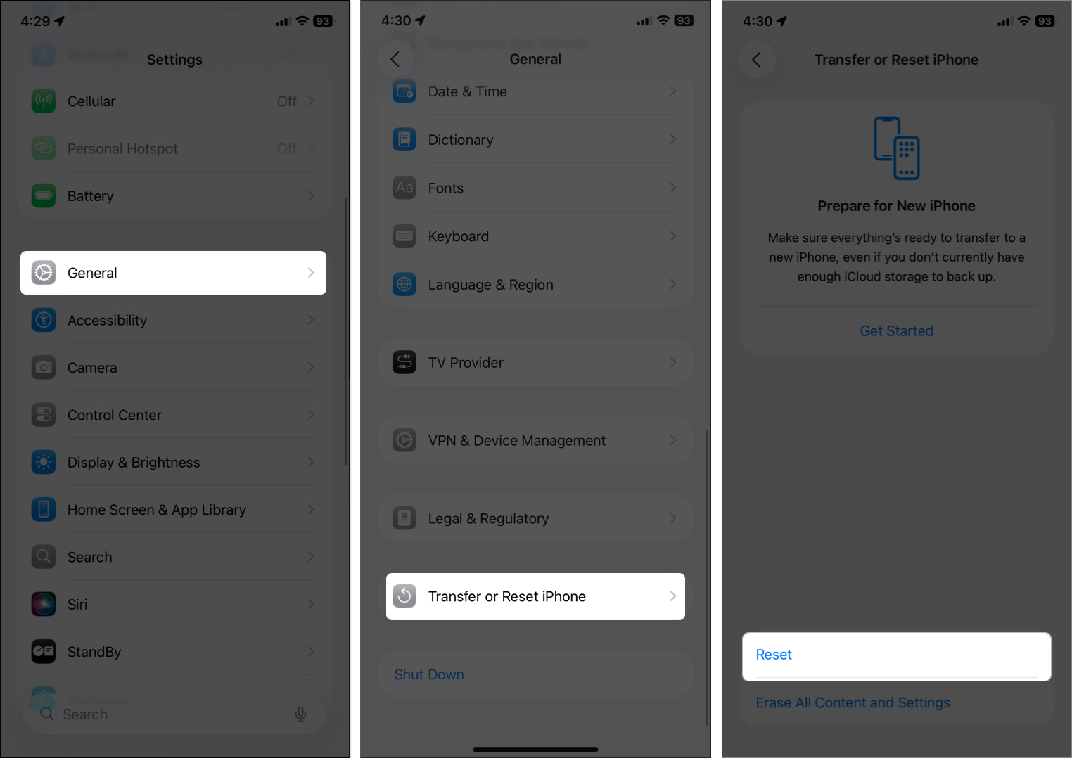 Open general settings then tap on transfer or reset iphone