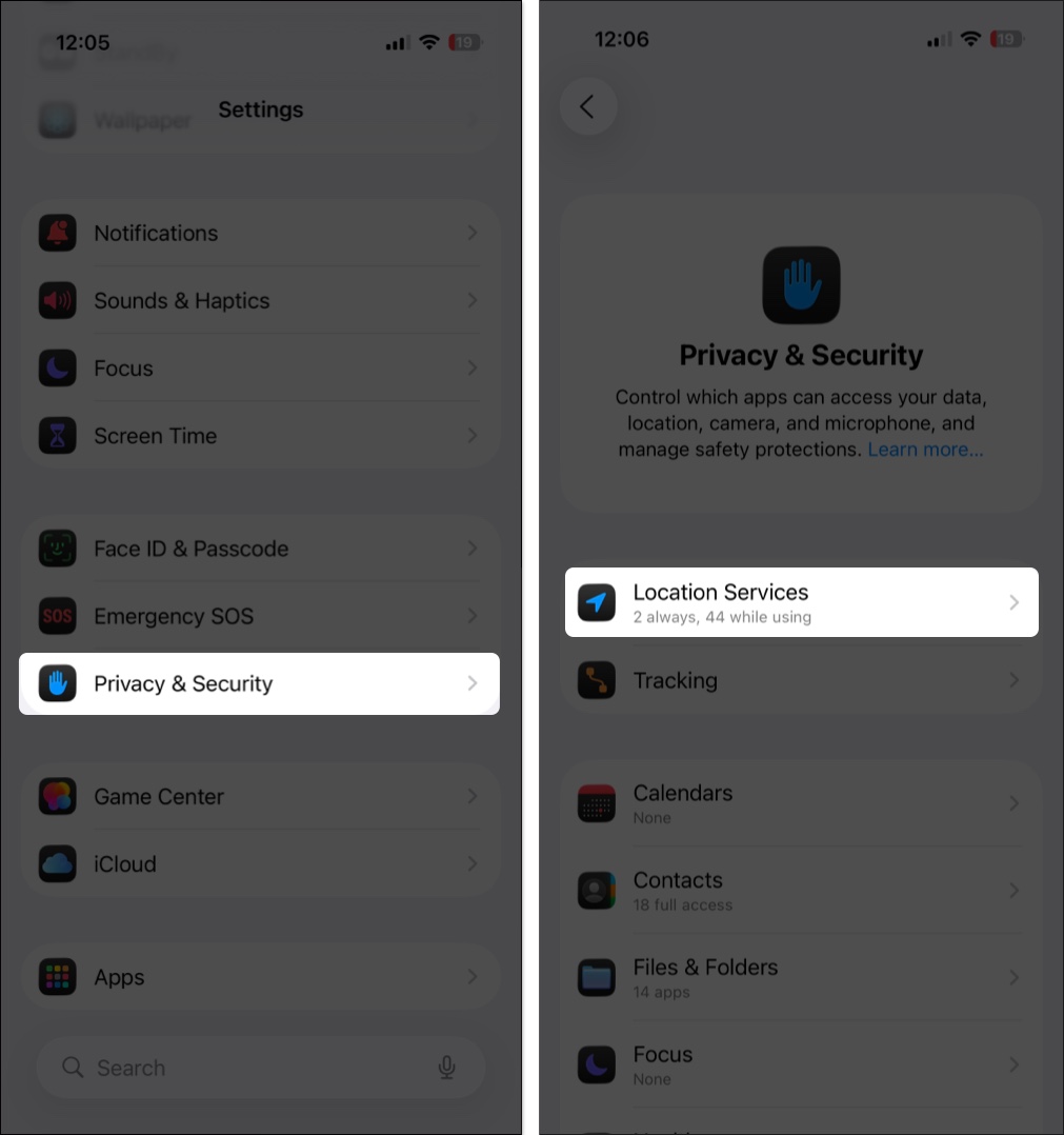 Open location services from privacy and security settings on iphone