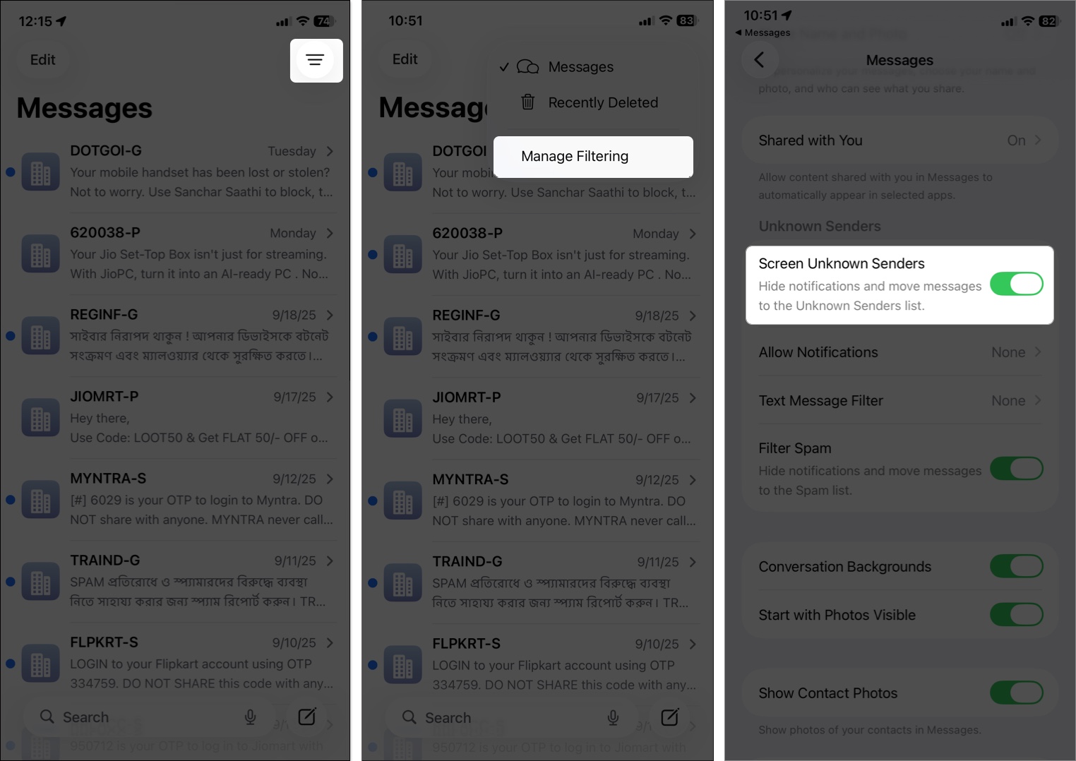 Open message app tap filter icon select manage filter to toggle on unknown senders