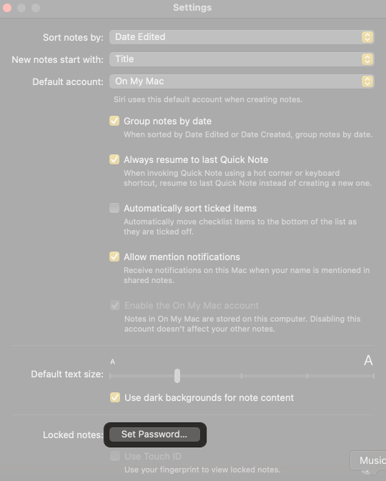 Open notes settings and choose set password
