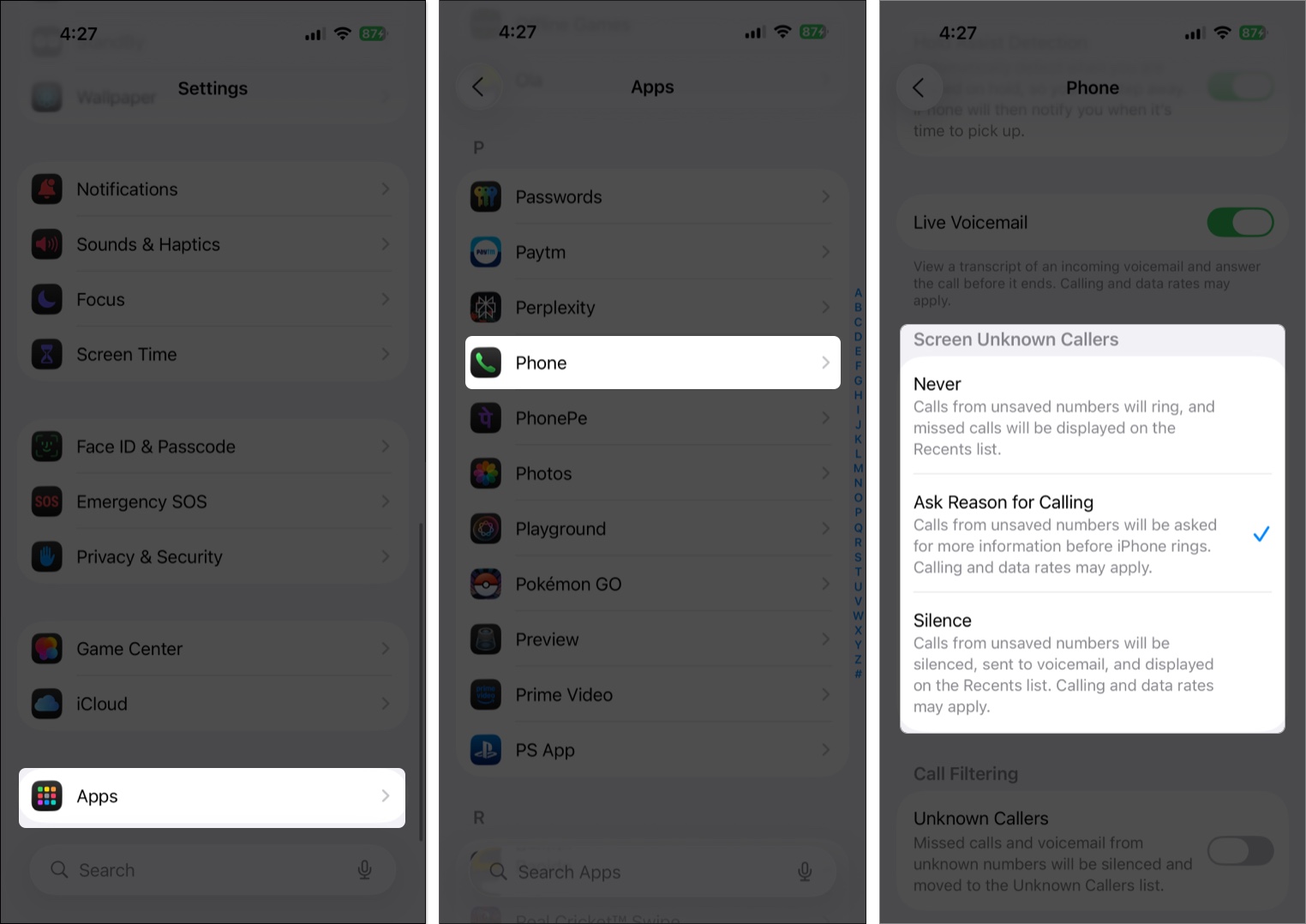 Open phone settings and select option for call screening