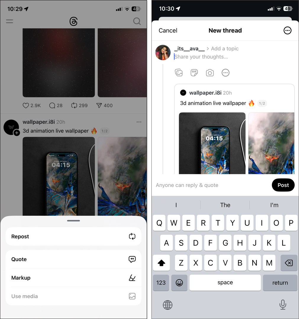 Reply repost and quote post on Thread