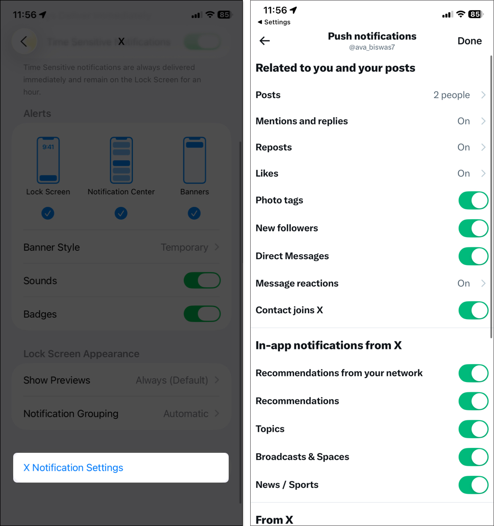 Select x notification settings then enable required notifications