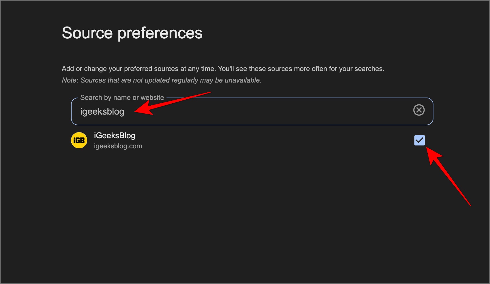 Select google source preference