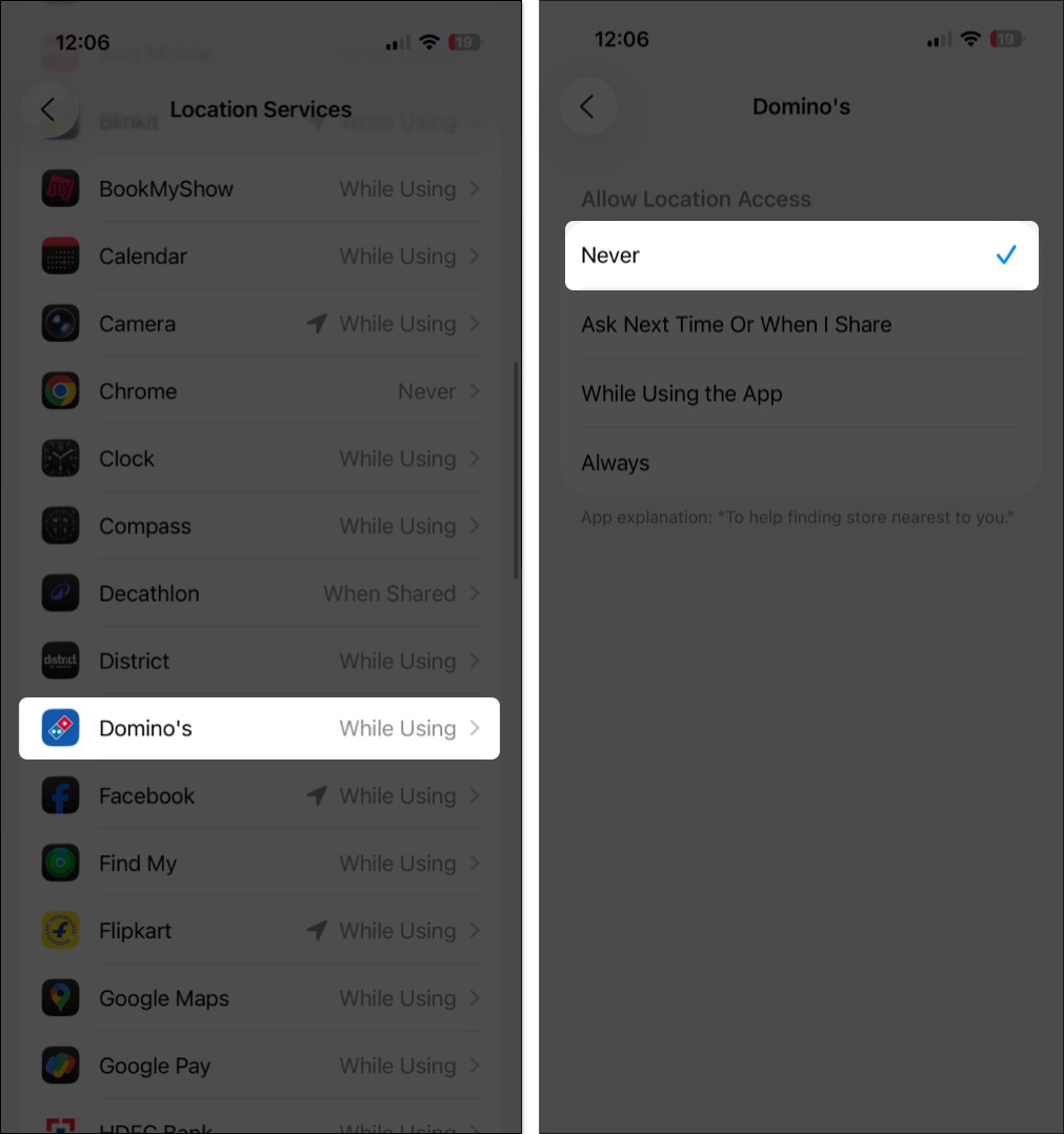 Select the never option