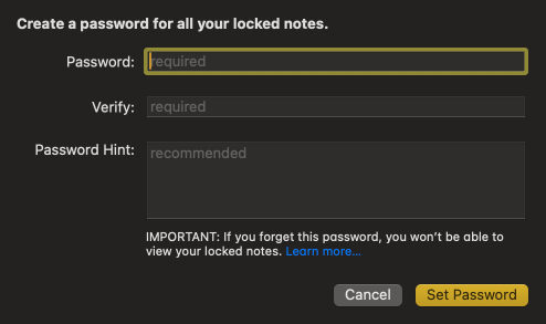 Set new password for notes