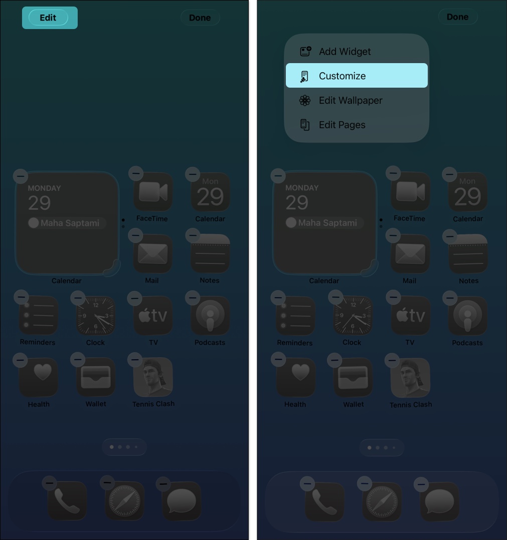 Tap edit and choose customize option