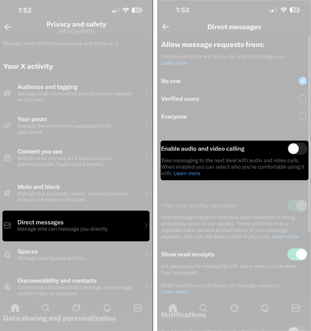 Tap on direct messages then toggle off audio and video calling