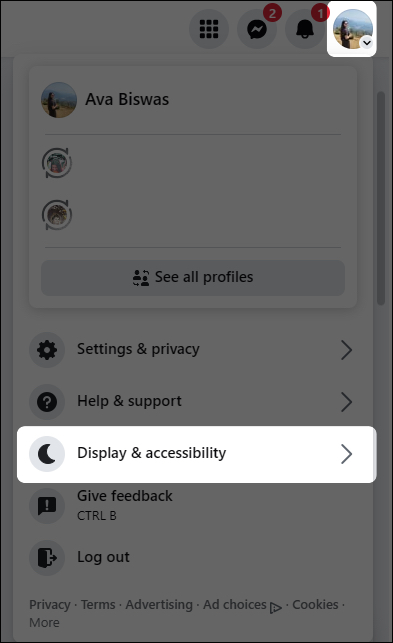 Tap on downward arrow then select display and accessibility from menu