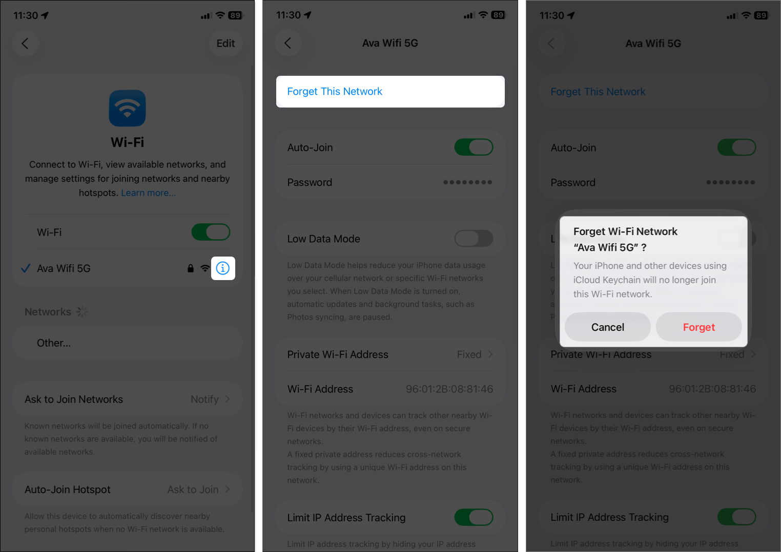 Tap on i button to access forget this network option