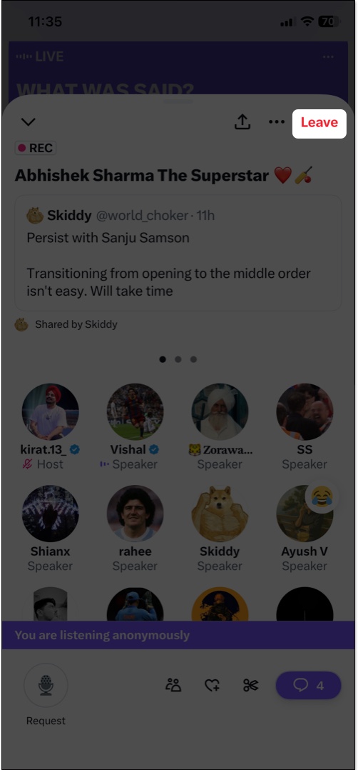 Tap on leave to end x space