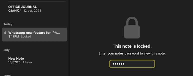 Tap on locked note and add password to access notes