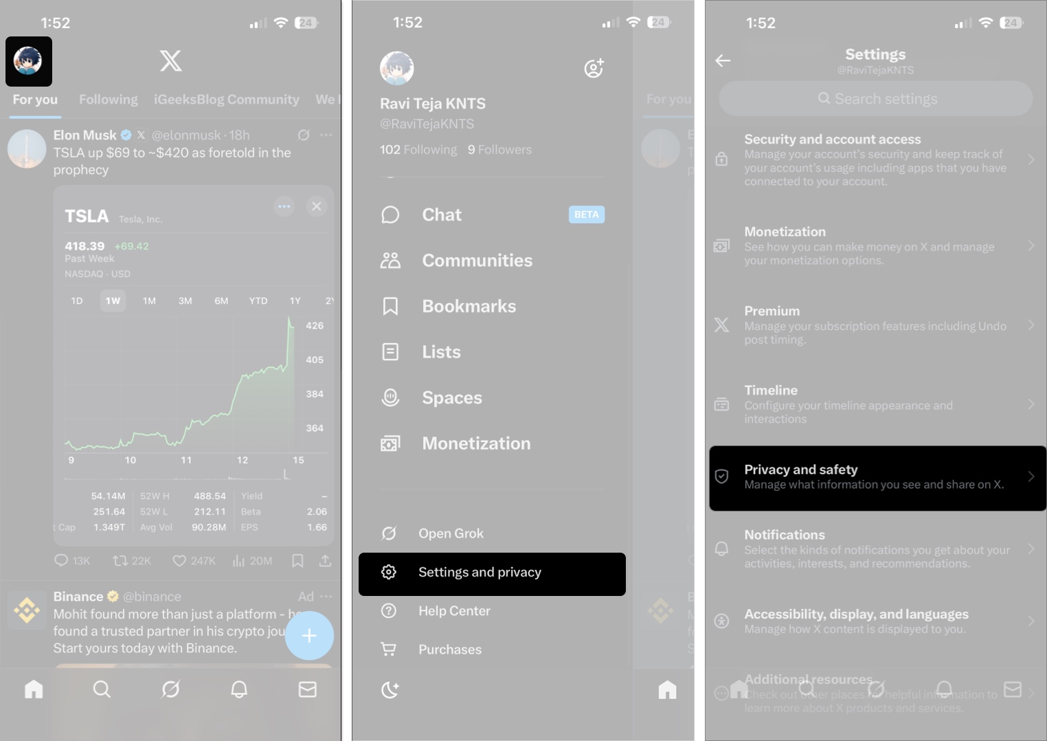 Tap on profile icon to access settings and privacy on x app on iphone