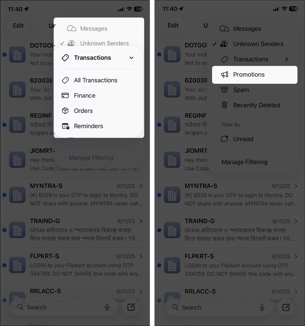 Tap transaction then choose option from menu