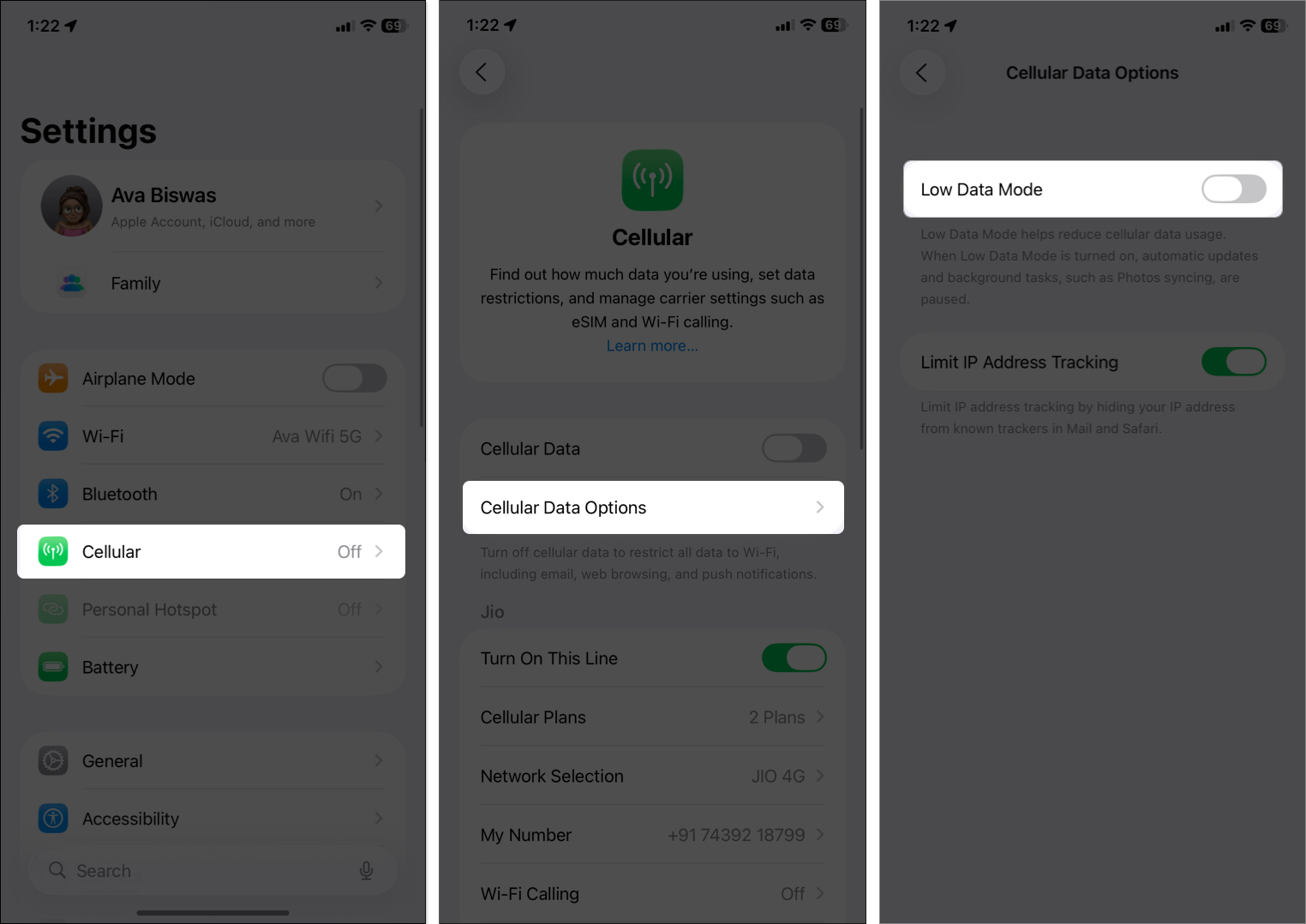 Toggle off low data mode from iphone settings