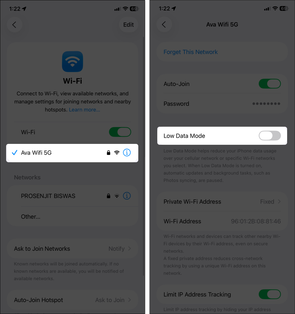 Toggle off low data mode from wifi settings on iphone