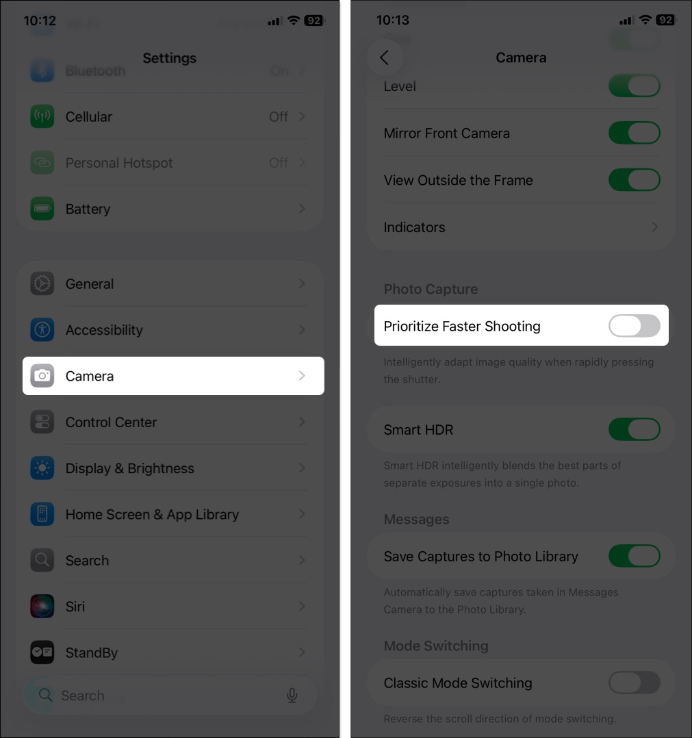 Toggle off prioritize faster shooting in camera settings on iphone