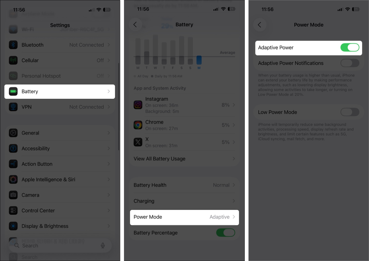 Toggle on adaptive power mode from iphone settings