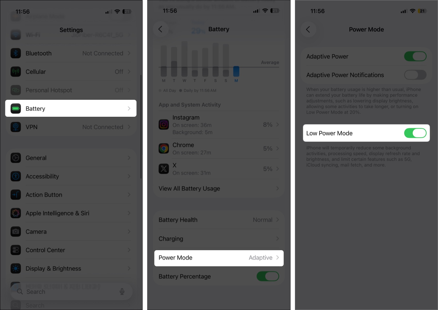 Toggle on low power mode from battery settings on iphone