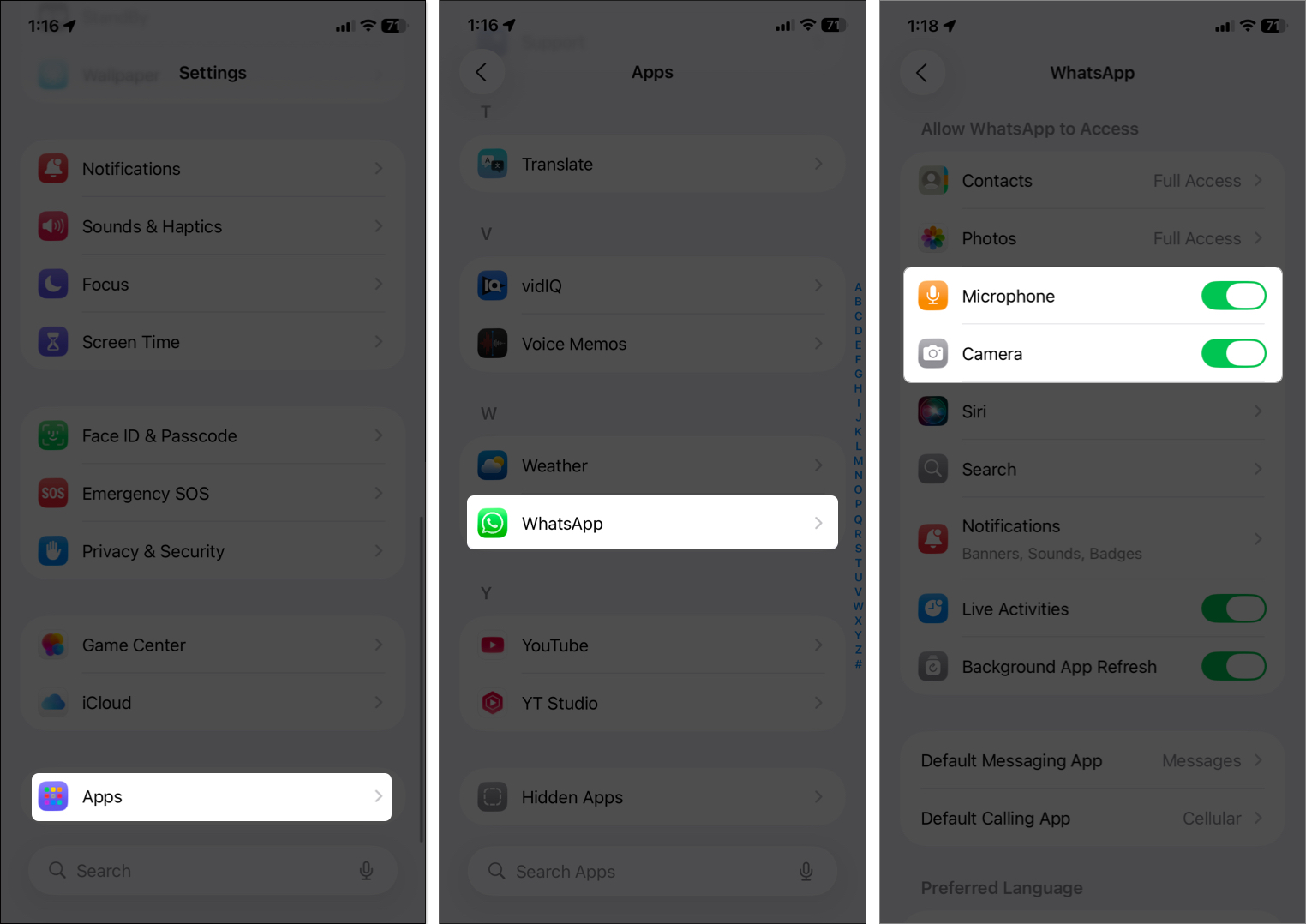 Toggle on microphone and camera from whatsapp iphone settings