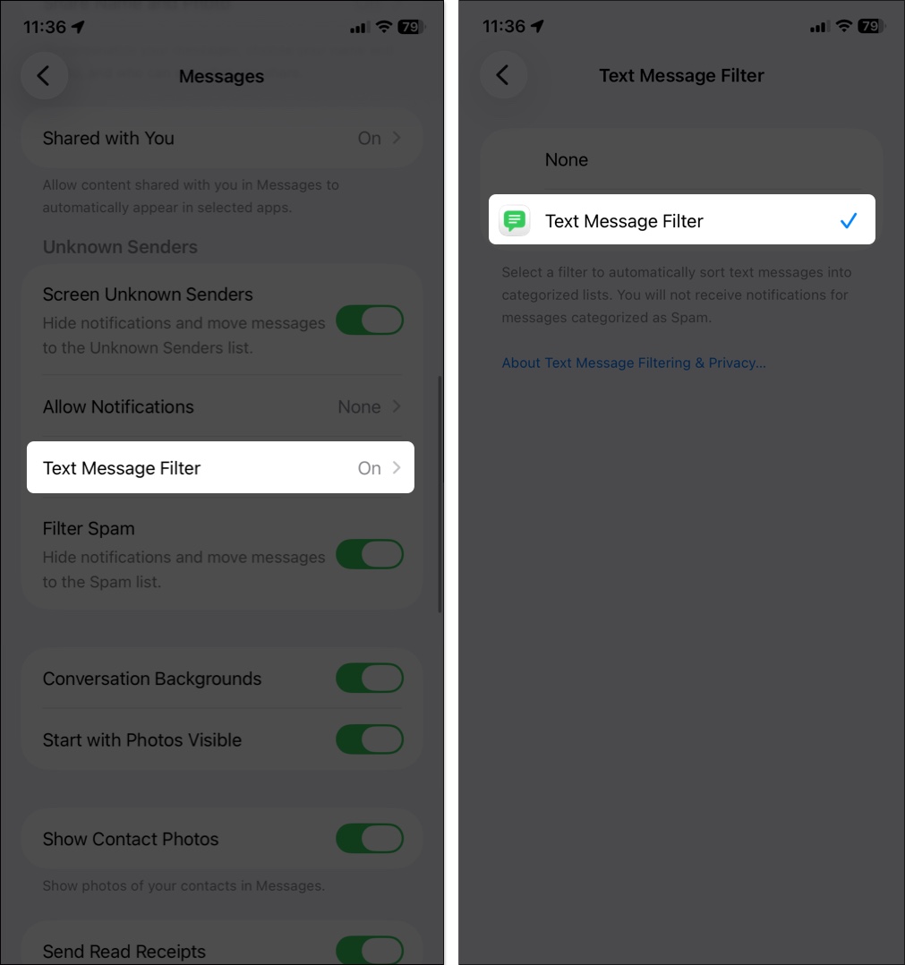 Toggle on text message filter in iphone settings