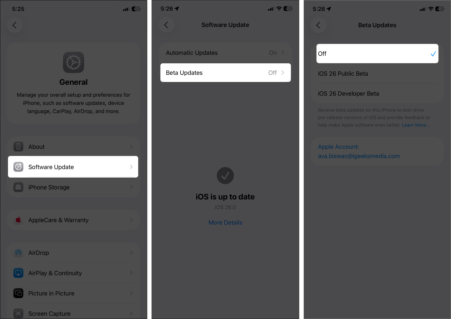 Turn off beta updates from iphone settings