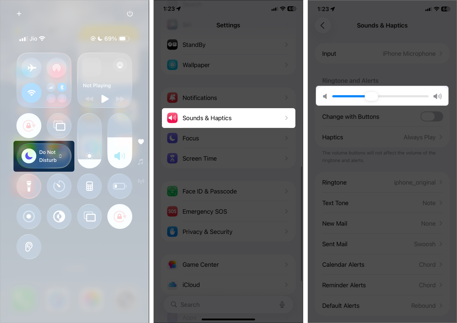 Turn off dnd from control center and adjust sound by ringtone slider