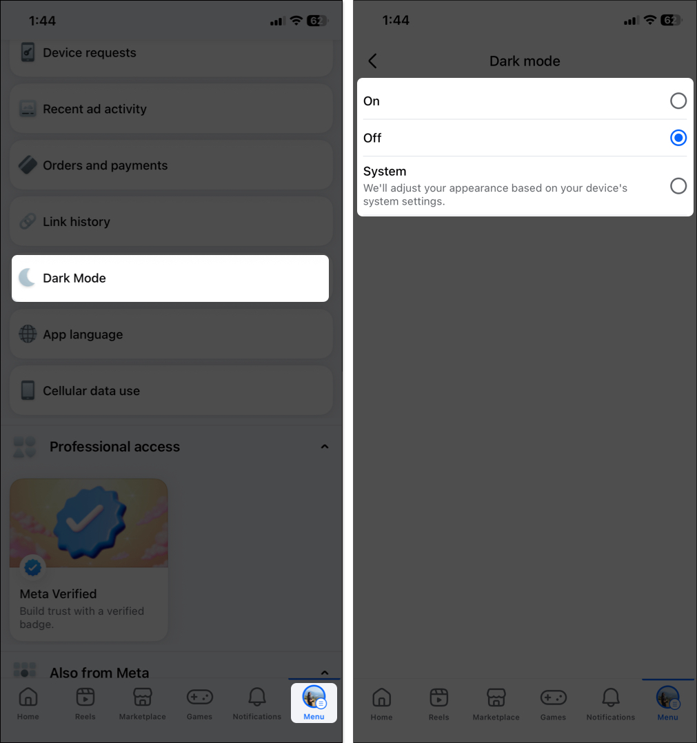Turn on and off dark mode on facebook on iphone