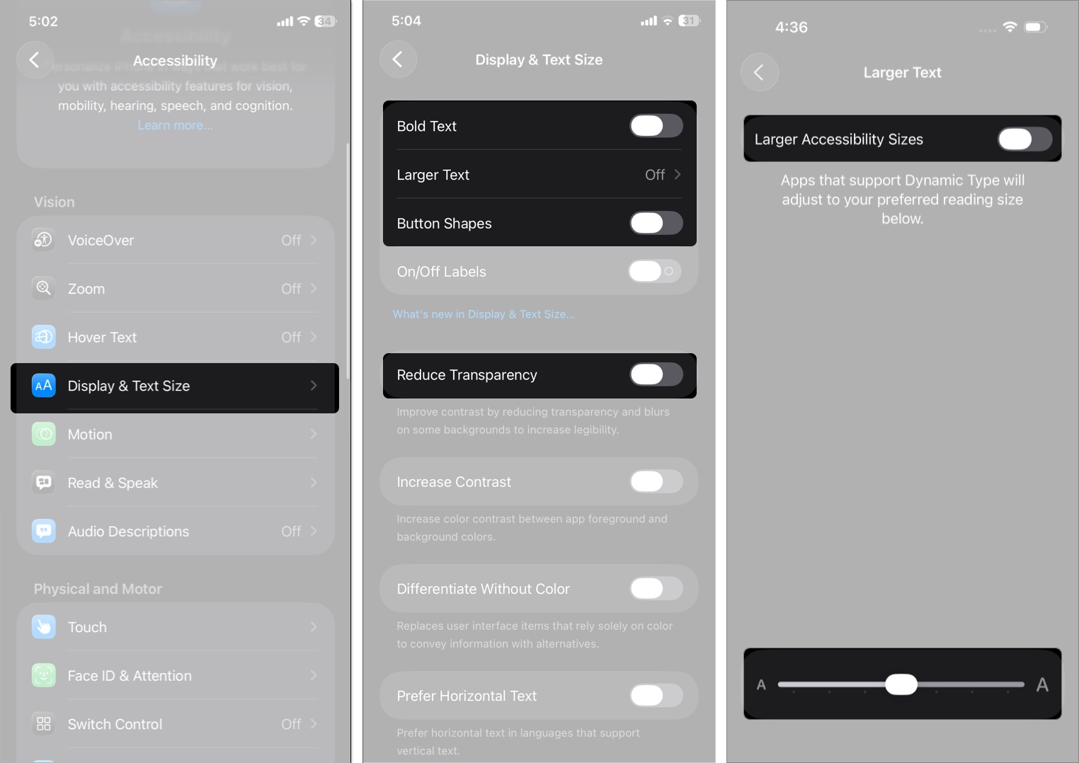 Adjust text size button shapes in accessibility from iphone