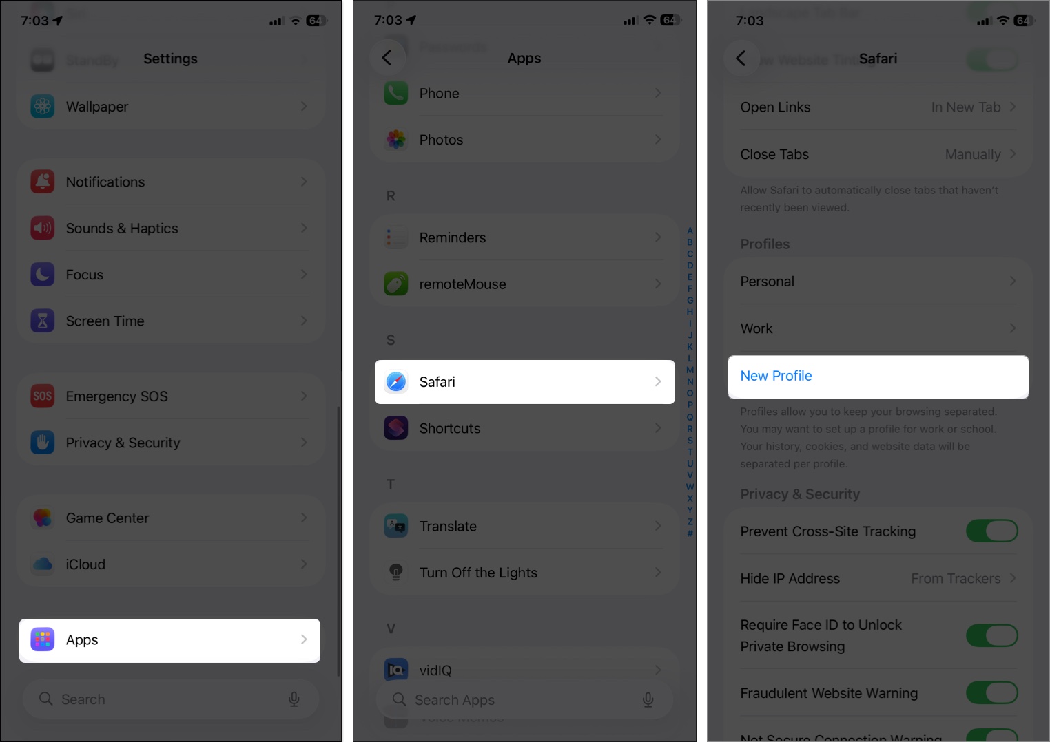 Open settings tap on apps select safari and tap new profile