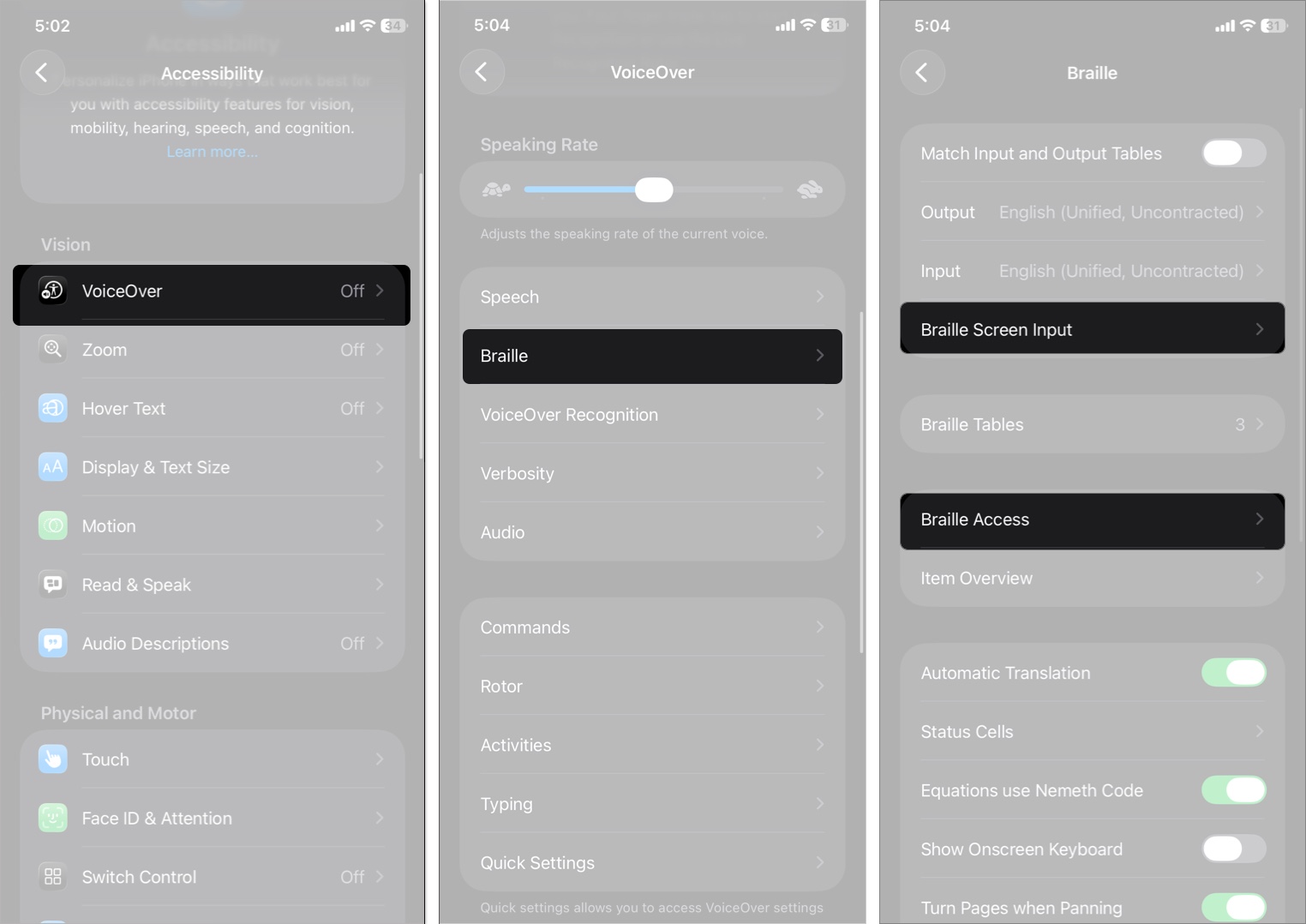 Customize settings from braille access and braille screen input