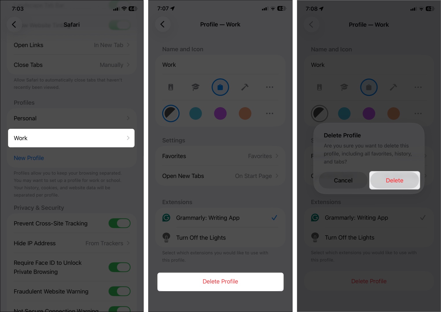 Tap delete profile at the bottom and select delete to confirm
