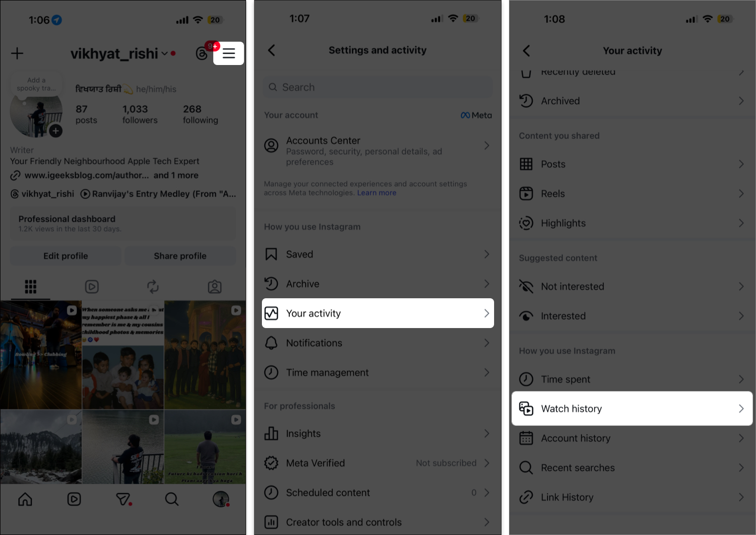 Open instagram setting to access the watch history