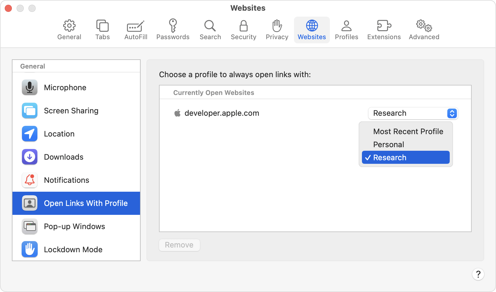 How to create safari profiles on iphone ipad and mac Access safari settings and move to the websites tab from the sidebar select open links with profile Click the dropdown menu and choose the profile name