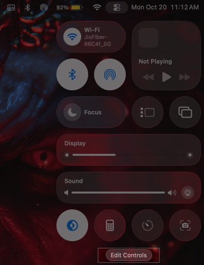 Open mac control center from menu bar and select edit controls